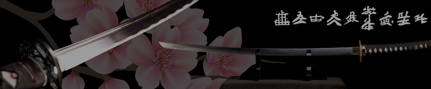 Katana - Two Katanas on a black background with Japanese Flowers and Writing