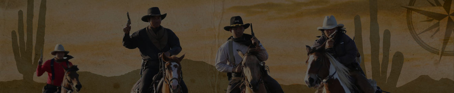 Replica Guns - Cowboys riding with replica guns in front of an old western background